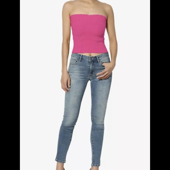 Smocked Tube Top Pink Crop Ruffled Edge Stretch N… - Picture 1 of 6